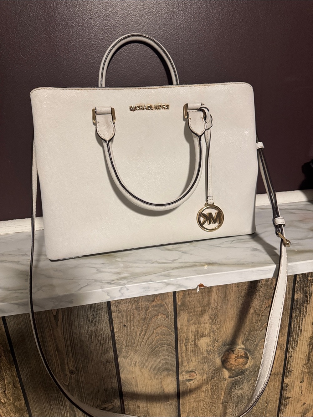 Michael Kors Cream Saffiano Leather Satchel with Gold Charm